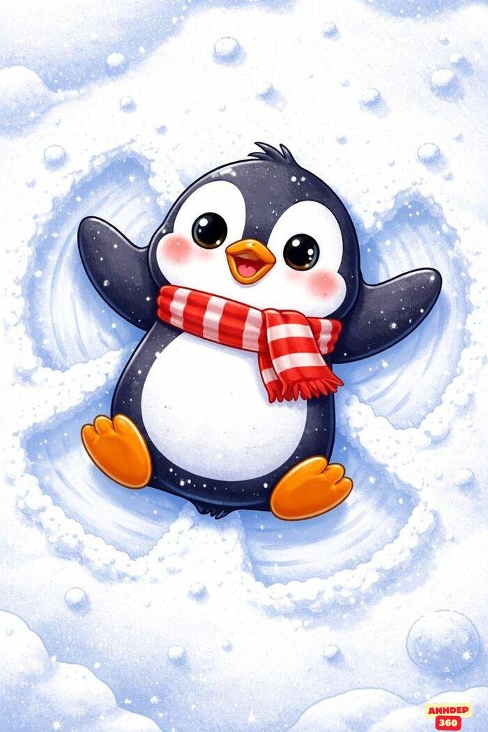 chim cánh cụt chibi nằm trên tuyết